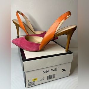 Nine West sling back. Size 9. Pink suede and Orange leather. 3” heel.